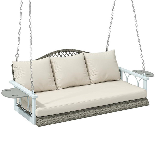 Outsunny 3 Person Wicker Porch Swing Chair Heavy Duty 800 LBS with Cup Holder, 57 Inch Outdoor Rattan Patio Hanging Swing Bench with Cushions and Chains for Garden, Backyard, Natural Wood