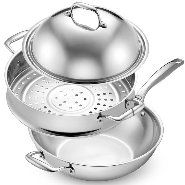 LEGEND COOKWARE 5-Ply Stainless Steel Wok Set, 12-Inch 5-Quart with Lid and Steamer - Induction Compatible, Oven Safe 800°F - Non-Toxic, No Coatings - Even Heating - Built to Last Generations