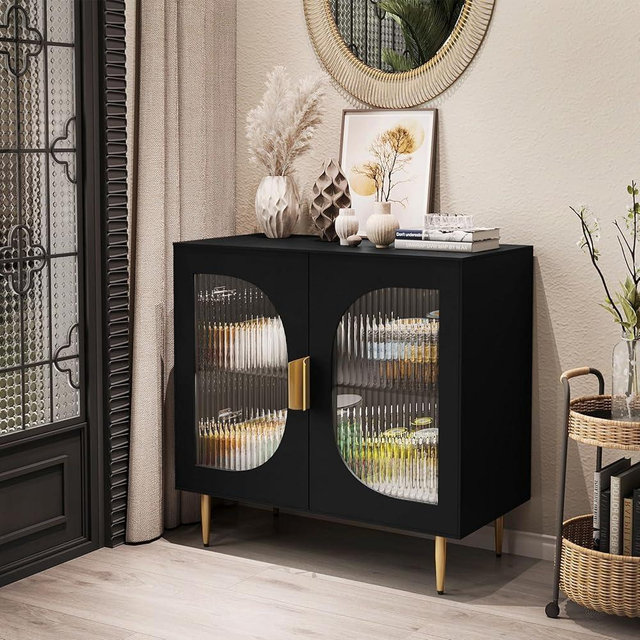 ARTPOWER Accent Cabinet with 2 Glass Doors, Wood Sideboard Buffet with Storage Cabinet, Modern Display Credenza for Kitchen, Dining Room, Living Room, Entryway, Black