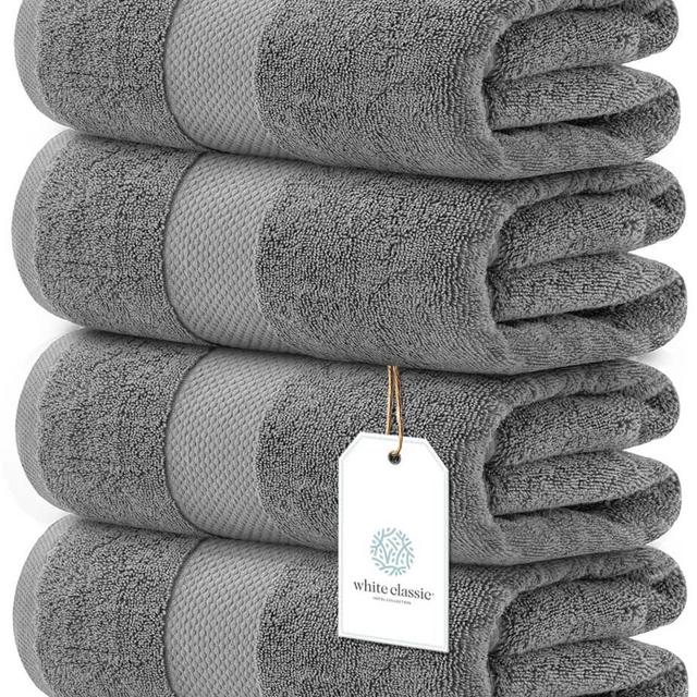 White Classic Luxury Bath Towels Large | 700 GSM Cotton Absorbent Hotel Bathroom Towel | 27x54 Inch | 4 Pack |Cool Grey