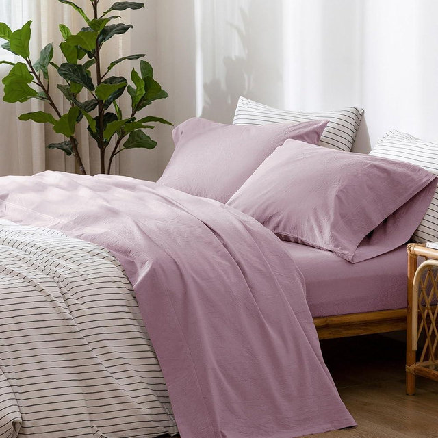 MooMee Bedding Sheet Set 100% Washed Cotton Linen Like Textured Breathable Durable Soft Comfy (Light Purple, Queen)