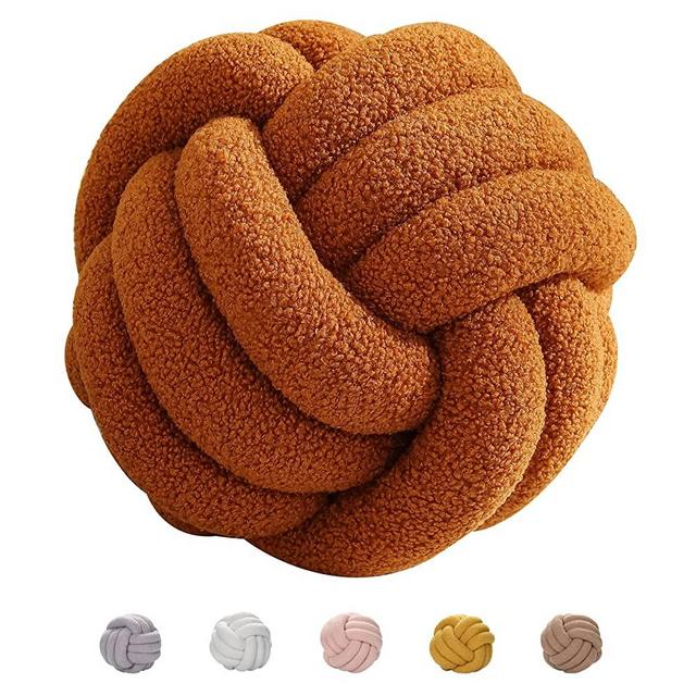 Soft Knot Pillow Ball Round Cushion Pillows, Lamb Wool Boucle Circular Ball Pillow Decorative Throw Pillows , for Sofa Car Office Lumbar Cushion Kids Bedroom Photography Props (Caramel 11'')