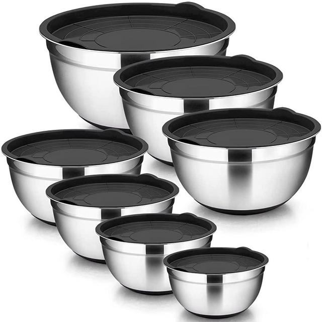 TeamFar Mixing Bowls, 7 / 3.5 / 3 / 2.5 / 1.5 / 1 / 0.7 QT, Mixing Bowls with Lids Set of 7, Stainless Steel Metal Nesting Salad Bowl with Airtight Lid & Silicone Bottom, Healthy & Easy Clean, Black