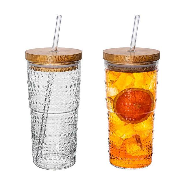 Dingerjar Hobnail Glass Tumbler with Bamboo Lids and Straws, Borosilicate Iced Coffee Cup 22 oz/ 650ML for Smoothie Juice Hot and Cold Drinks