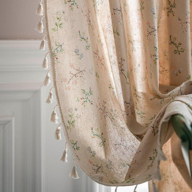 TIVNICO Boho Floral Curtains 2 Panels 84 Inch Long,Semi Blackout Linen Pattern Curtains Vintage Wildflower Farmhouse Drapes,Grommet Top Tassel Trim Privacy Blocking Light Filtering Room Curtain