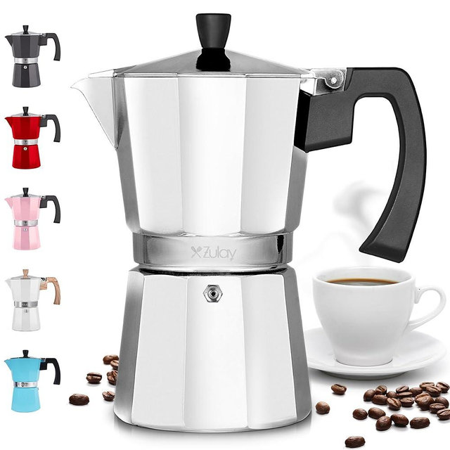 Zulay Kitchen Stovetop Espresso Maker - Moka Pot 6 Espresso Cups - Percolator Coffee Maker for Classic Cuban & Italian Style Espresso - Portable Coffee Maker for Camping & Travel - (Silver)
