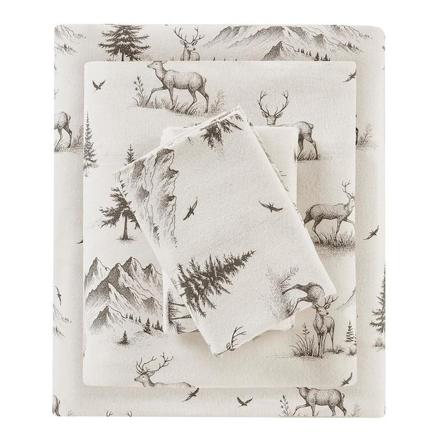 Woolrich Cotton Sheet Set Cottage Charms Print, 100% Cotton Flannel Sheets Warm & Fuzzy Bedding Set Cal King Size Sheets, Fitted Pocket Fits Up to 14" Mattress, Cal King Gray Deer Toile 4 Piece
