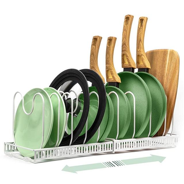 taabooh Adjustable Pot And Pan Organizer Rack - Aesthetic Pot Lid Organizer Rack - Durable Cookware Rack And Baking Pan Organizer - Expandable Horizontal Frying Pan Organizer With 10 Dividers