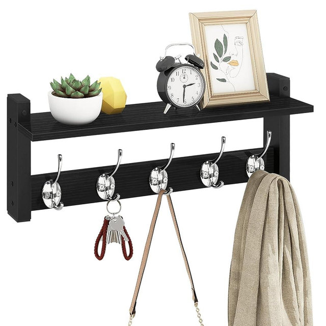Homode Wall Coat Rack With Shelf, Wood Entryway Hanger With Hooks, Small Floating Pegs for Hanging Coats, Hats, Purses, Backpacks, Black