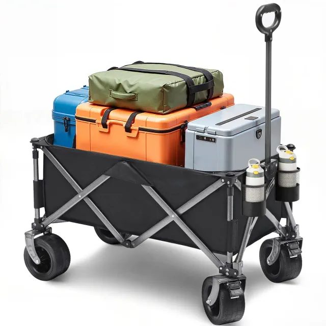 SUGIFT Vertical Folding Collapsible Wagon Cart, 150L Capacity, 600 lbs Load, Shock-Absorbing Wheels, Steel Frame, Black