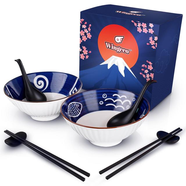 Wingcco Japanese Ceramic Ramen Bowl Set - 8-Piece Set Large White Ramen Bowls, Spoons and Chopsticks Set and Chopstick Stands For Udon Noodles, Miso Soup, Cereal, Pasta, Pho and Salad Serving Set of 2