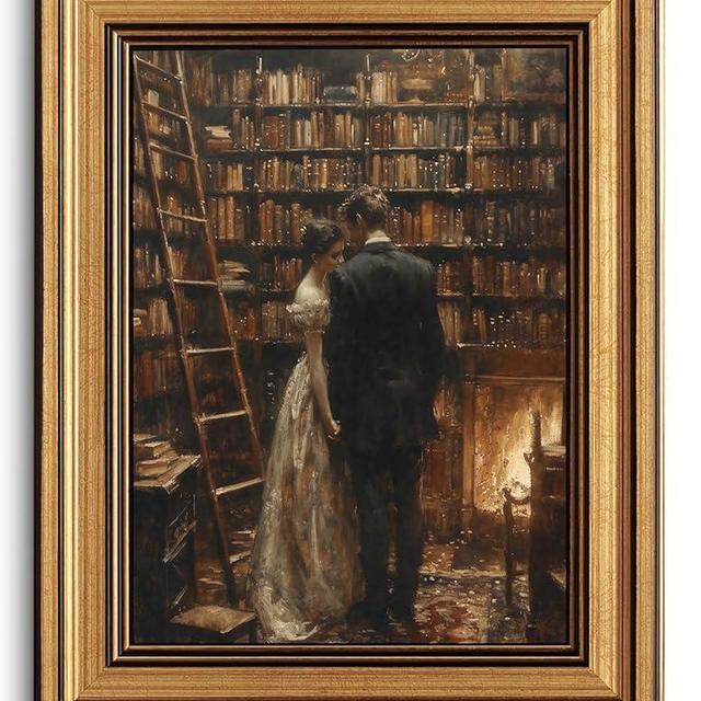 CHMMART Vintage Gold Framed Wall Art Dark Academia Couple Canvas Art Prints Victorian Cottagecore Pictures Wall Decor Moody Bookish Paintings Artwork for Living Room Bedroom 8x10in