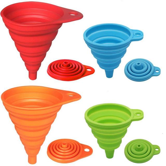 KongNai Silicone Collapsible Funnel Set of 4, Small and Large, Foldable Kitchen Funnel for Water Bottle Liquid Transfer Food Grade FDA Approved