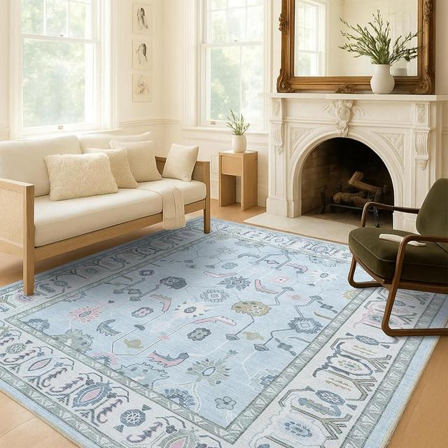 Fame Living Cream Blue Oushak Rug, Modern, Vintage, Turkish, Eclectic, Floral, Pastel, Washable, Area Rugs for Living Room, Dining, Bedroom, Nursery, Girls, Boys, 5'9"x8'9"