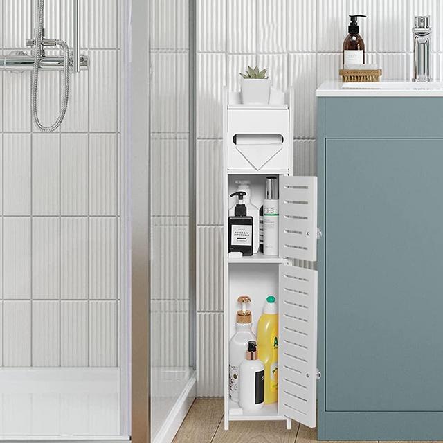 TUOXINEM Small Bathroom Storage Cabinet for Small Spaces, Over The Toilet Storage Cabinet for Skinny Bathroom Storage Corner Floor, Slim Toilet Paper Storage Cabinet with 2 Doors & Shelves (White)