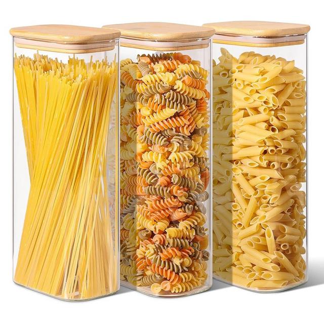 ComSaf 71oz Rectangle Glass Storage Containers with Lids, Glass Jars with Bamboo Lids, Clear Food Storage Jar, Tall Spaghetti Container, Pantry Storage Container for Pasta Flour Oats Nuts Rice