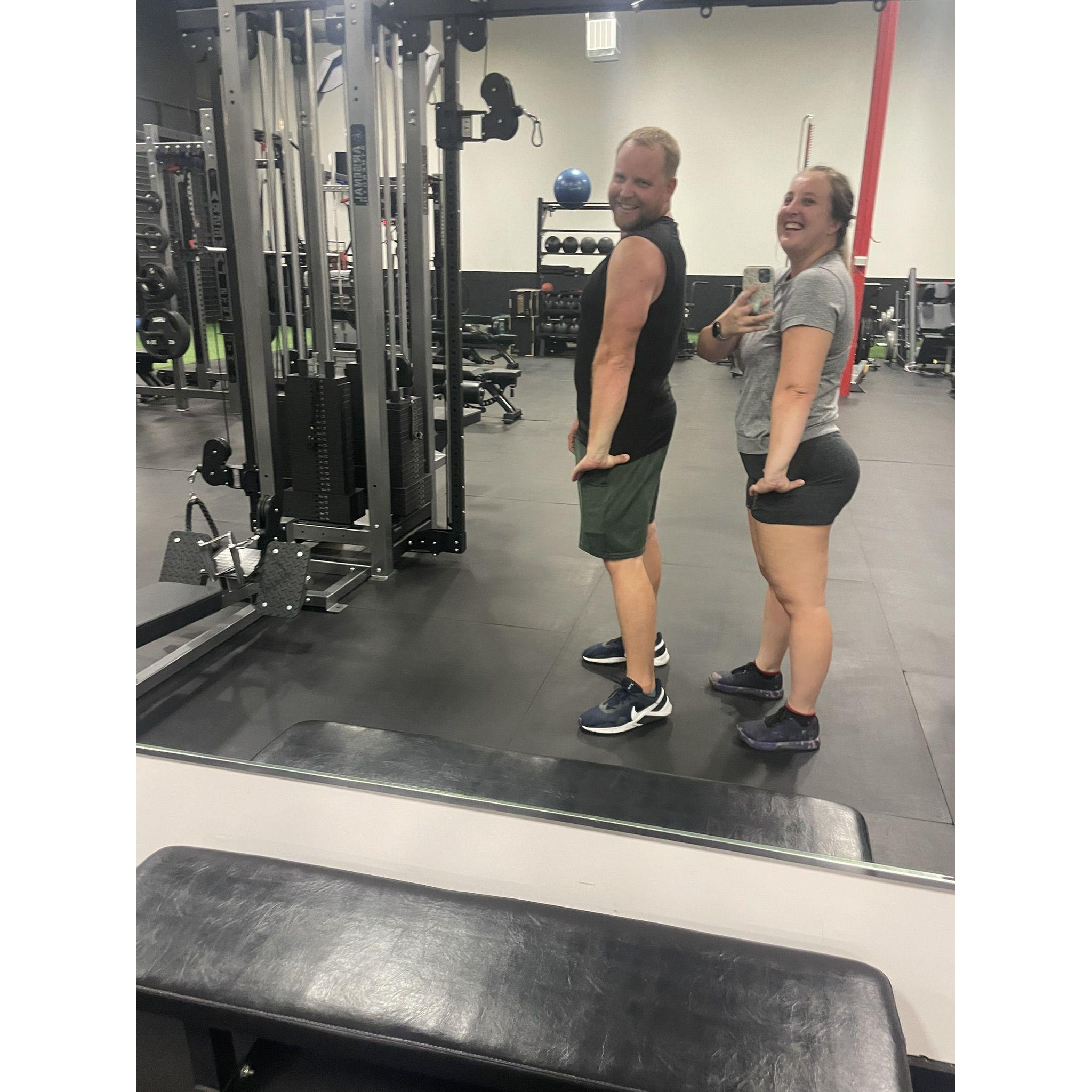 Working on at the gym together. Sean thinks his butt is as big as Heather's lol