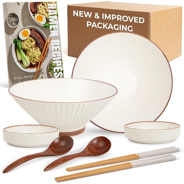Ceramic Ramen Bowl Set of 2 – Large 34oz Noodle Bowls with Chopsticks, Spoons & Dipping Dishes – Traditional Japanese Soup Bowls and Spoons Set - Ramen Noodle Bowl Set for Udon Soba Pho Asian Noodles
