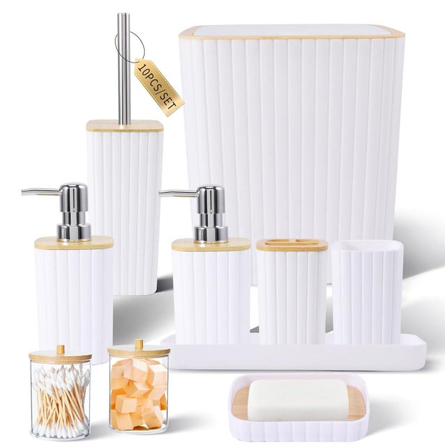 XLHOMO Bathroom Accessories Set - Elegant White Bathroom Set, 10PC Bathroom Accessory Set, Toilet Brush, Trash Can, Qtip Holder Dispenser & Soap Dispenser