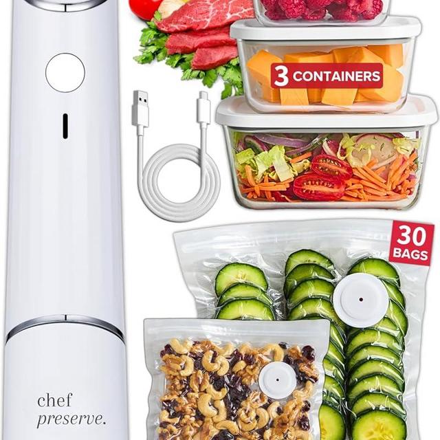 Chef Preserve Compact Vacuum Sealer for Food (Vacuum Sealer Machine + 3 Glass Vacuum Containers + 30 Reusable Vacuum Bags) Powerful Handheld Vacuum Seal Machine, Seal Meal Saver, Portable Food Sealer