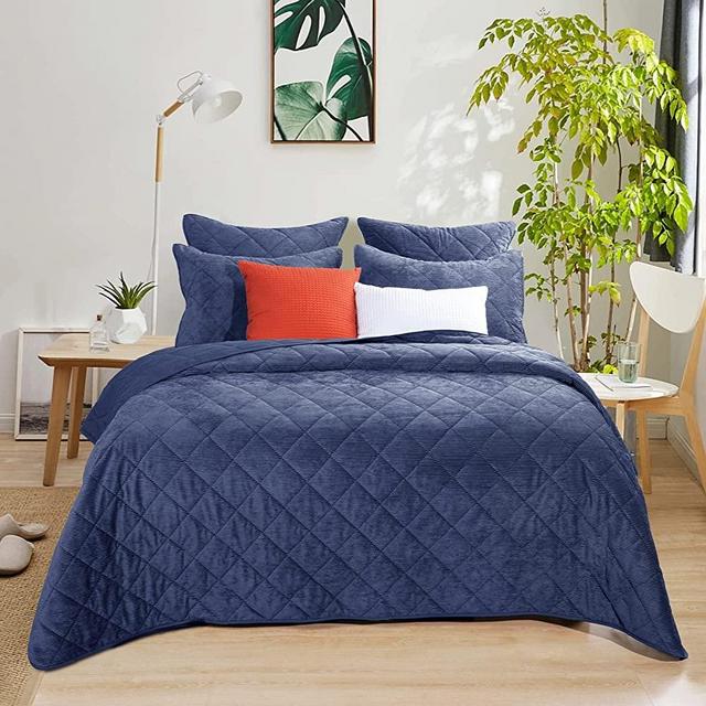 PHF Luxurious Velvet Corduroy Quilt Set Queen Size, 3PCS Extreme Soft Geomerty Coverlet Set, 1 Bedspread 90" x 90" and 2 Pillow Cases 20" x 26", Navy Blue