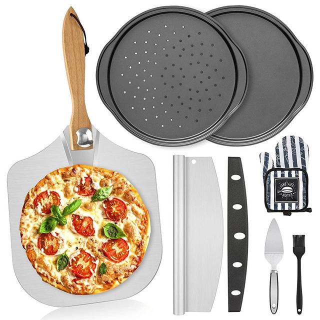 7PCS Foldable Pizza Peel Pizza Pan Set,12" x 14" Aluminum Metal Pizza Paddle with Wooden Handle, Rocker Cutter, Server Set, Baking Oven Mitts, Oil Brushes, Homemade Pizza Oven Accessories