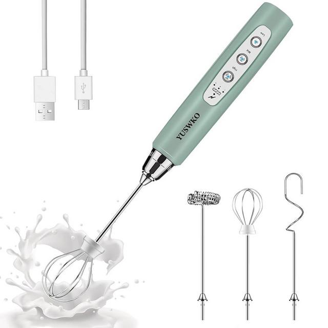 YUSWKO Rechargeable Milk Frother Handheld with 3 Heads, Granite Green Coffee Electric Whisk Drink Foam Mixer, Mini Hand Stirrer with 3 Speeds Adjustable for Latte, Cappuccino, Hot Chocolate, Egg