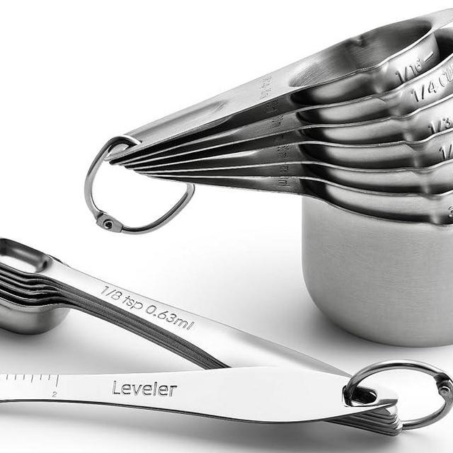 Spring Chef Heavy Duty Stainless Steel Metal Measuring Spoons and Measuring Cups Set for Dry or Liquid, Fits in Spice Jar, Set of 14 Including Leveler
