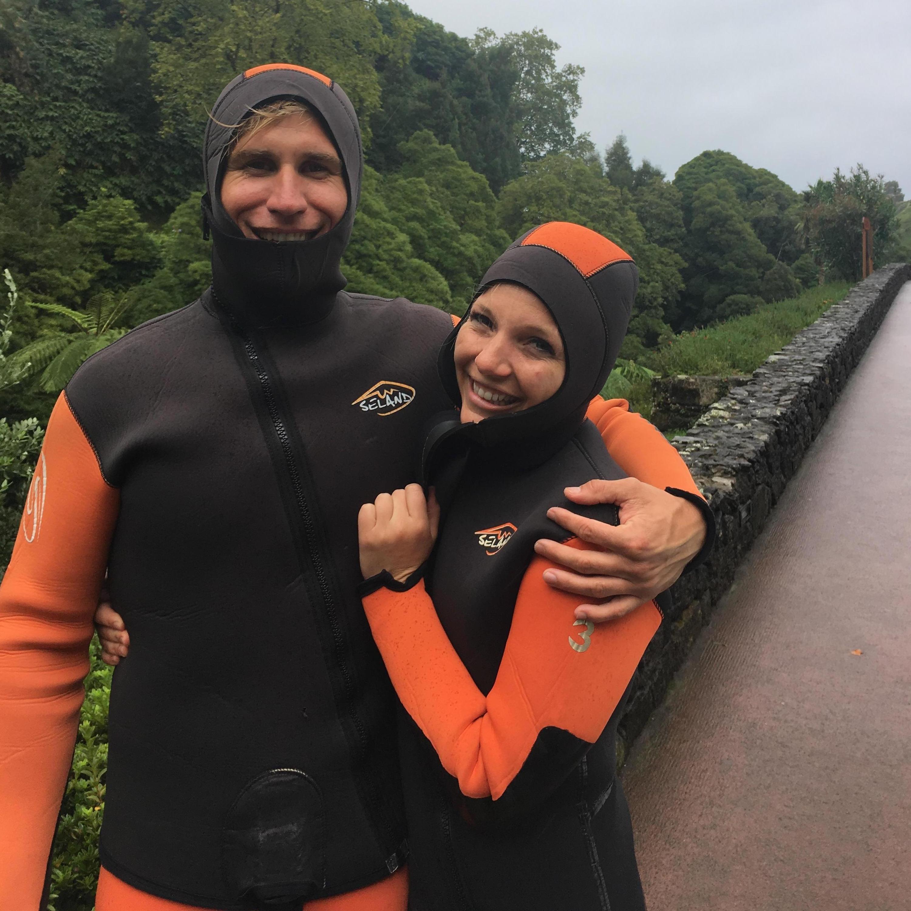 Azores! Canyoning excursion. Hike down the river until you hit a waterfall, 2 choices, repel or jump. We jumped! Some where more graceful than others. Ask us all about it, please!
