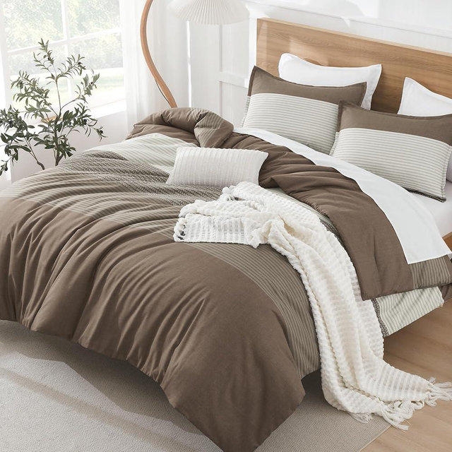 Litanika Comforter Set King Size Coffee - 3 Pieces Lightweight Colorblock Stripe Fluffy Bedding Comforter Sets, All Season Bed Set