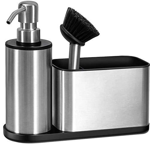ODesign Bathroom Soap Dispensers with Sink Caddy (A Spare Brush Included) Kitchen Sink Organizer Sponge Holder Dish Soap Dispenser for Countertop Stainless Steel - Rustproof