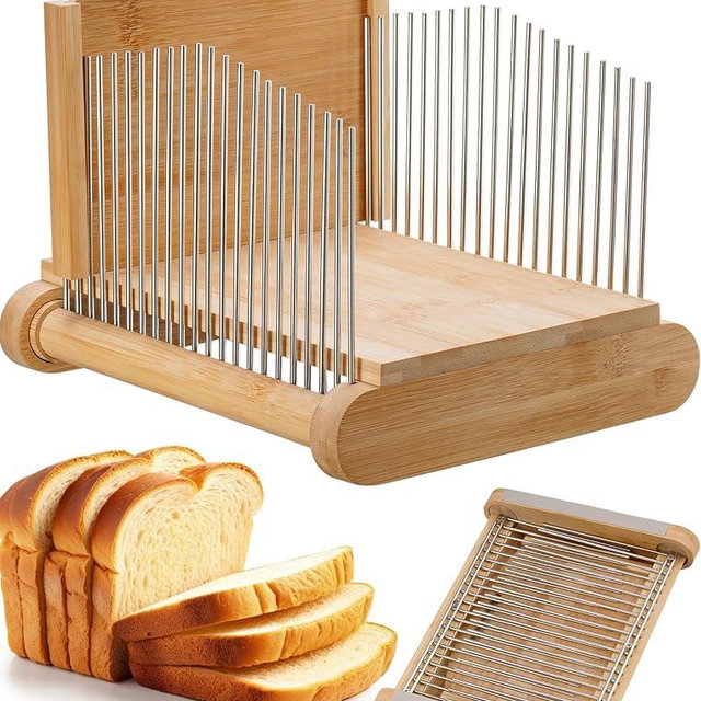 NiHome Bamboo Bread Slicer for Homemade Bread with Stainless Steel Guides, Adjustable Thickness for Toast & Sandwiches, Foldable Compact Sourdough Wood Cutting Board