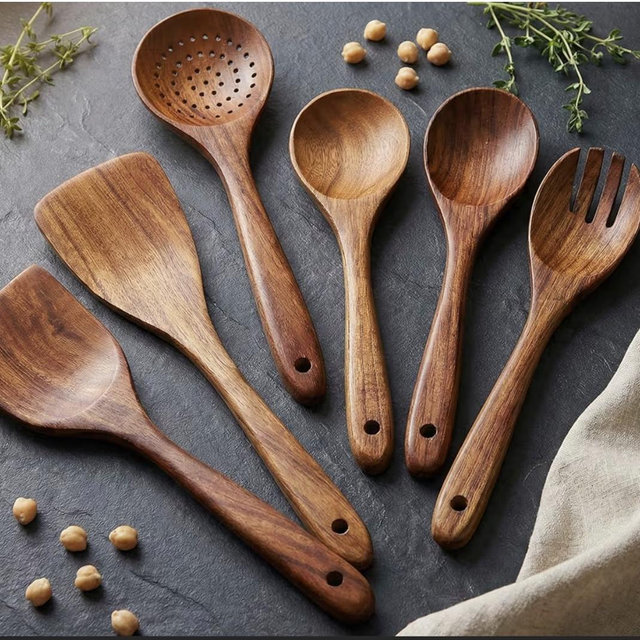 Zulay Kitchen 6 Piece Wooden Spoons for Cooking – Natural Teak Wooden Utensil Set, Easy to Clean, Durable, Smooth with Comfort Grip - Non Toxic Wooden Cooking Utensil Sets
