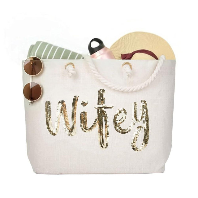 ELEGANTPRAK Wifey Bag Wedding Gifts for Bride Bridal Shower Honeymoon Anniversary Beach Bag Bride to Be Jute Large Tote with Gold Sequin