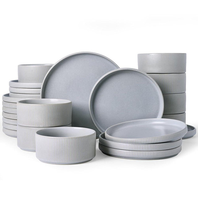 Famiware Star Dinnerware Set, Plates and Bowls Sets for 8 (24pcs), Ribbed Stoneware Dishes - Chip & Scratch Resistant, Microwave & Dishwasher Safe, Matte Gray
