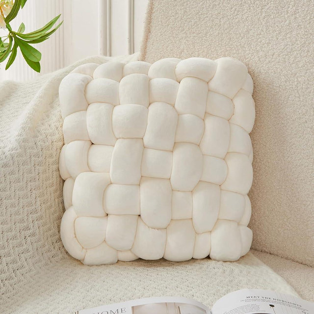 JELLYMONI Bright White Square Knot Throw Pillow, Small Size Home Decorative Pillow, Decorative Ins Throw Pillow, Soft Velvet Knotted Decor for Room and Couch (S- 11.8"×11.8"×3.5", White)