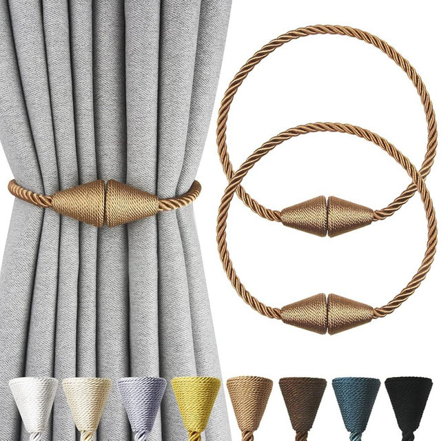 Nieffeiy 2 Pack Magnetic Curtain Tiebacks Rope Modern Handmade Curtain Tie Backs Decorative Drapes Weave Holdbacks for Window Décor, Khaki