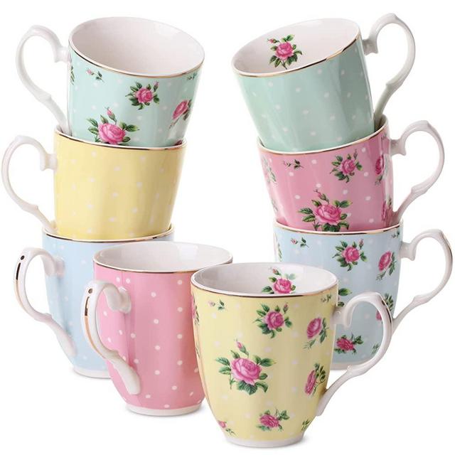 BTaT- Royal Coffee Mugs, 12 oz, Set of 8, Floral Mugs, Porcelain Bone China, Tea Mug, Coffee Cups, Coffee Mug Set, Large Coffee Mugs, Coffee Cups Set, Mugs for Coffee, Tea Cups, Tea Mugs, Flower Mugs