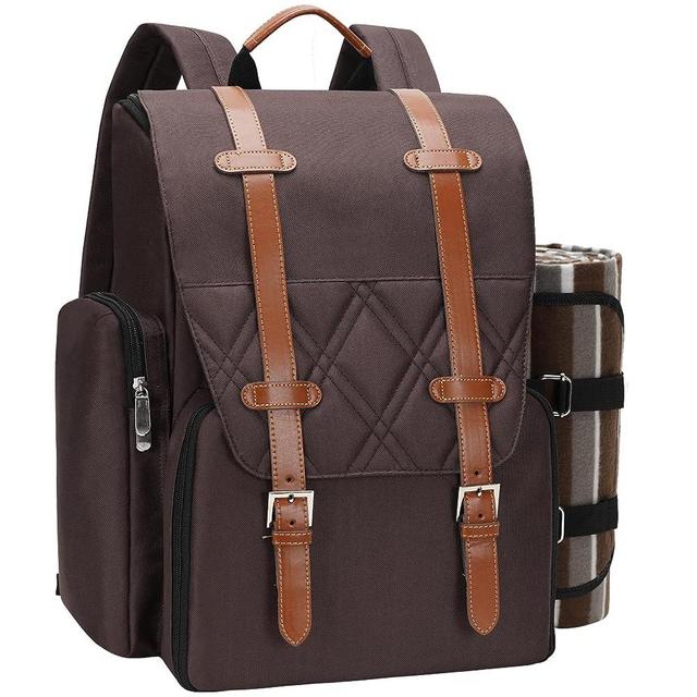 Picnic Backpack for 4 - Picnic Basket Set with Large Insulated Cooler Bag, Wine Picnic Baskets with Waterproof Picnic Blanket & Cutlery Set.Bridal Shower Gifts,Wedding Gift for Couple.Brown