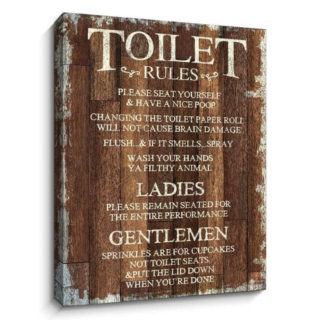 Toilet Rules Signs Canvas Wall Art Funny Rustic Farmhouse Bathroom Decor | Wood Grain Background HD Printing on Canvas | Vintage Plaque Quote Wall Decoration (12X15 Inch,Brown)