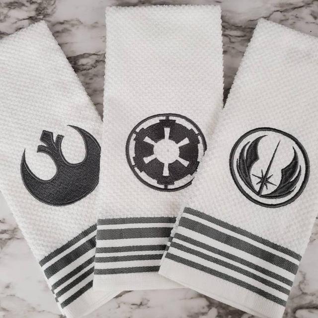 Set of 3 Star Wars Inspired symbols embroidered on white Kitchen/Bar Towels with Grey Stripes: Rebel Insignia, Imperial Cog & Jedi Order