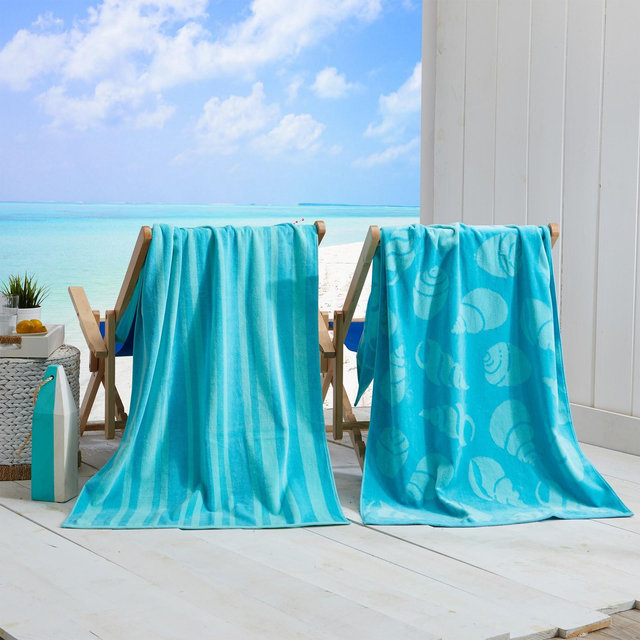 2pk 30" x 60" Teal Shell and Stripe Cotton Beach Towels - Great Bay Home