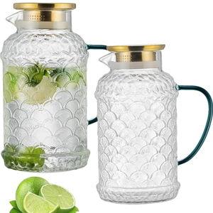 2 PACK Glass Pitcher with Lid,68 oz/2 Liter Fish Scale Design Water Pitcher,Clear Borosilicate Glass Water Carafe for Cold Brew, Coffee, Lemonade, Iced Tea,Heat Resistant Water Glass Jug