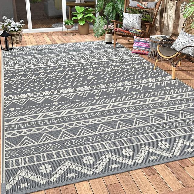 MCOW Outdoor Rug Waterproof 5'x8' for Patio Clearance, Reversible Camping Mat, Outside Plastic Straw Area Rugs for Rv, Camper, Balcony, Backyard, Picnic, Deck, Grey&White