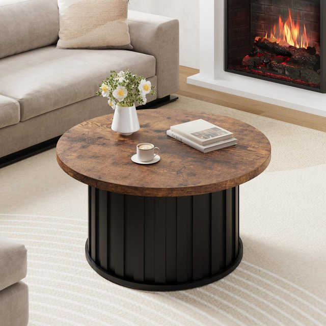Garvee Round Coffee Table, Mid Century Modern Coffee Table with Metal Base, 31.9" Fluted Center Table for Living Room, Home Small Space, Vintage