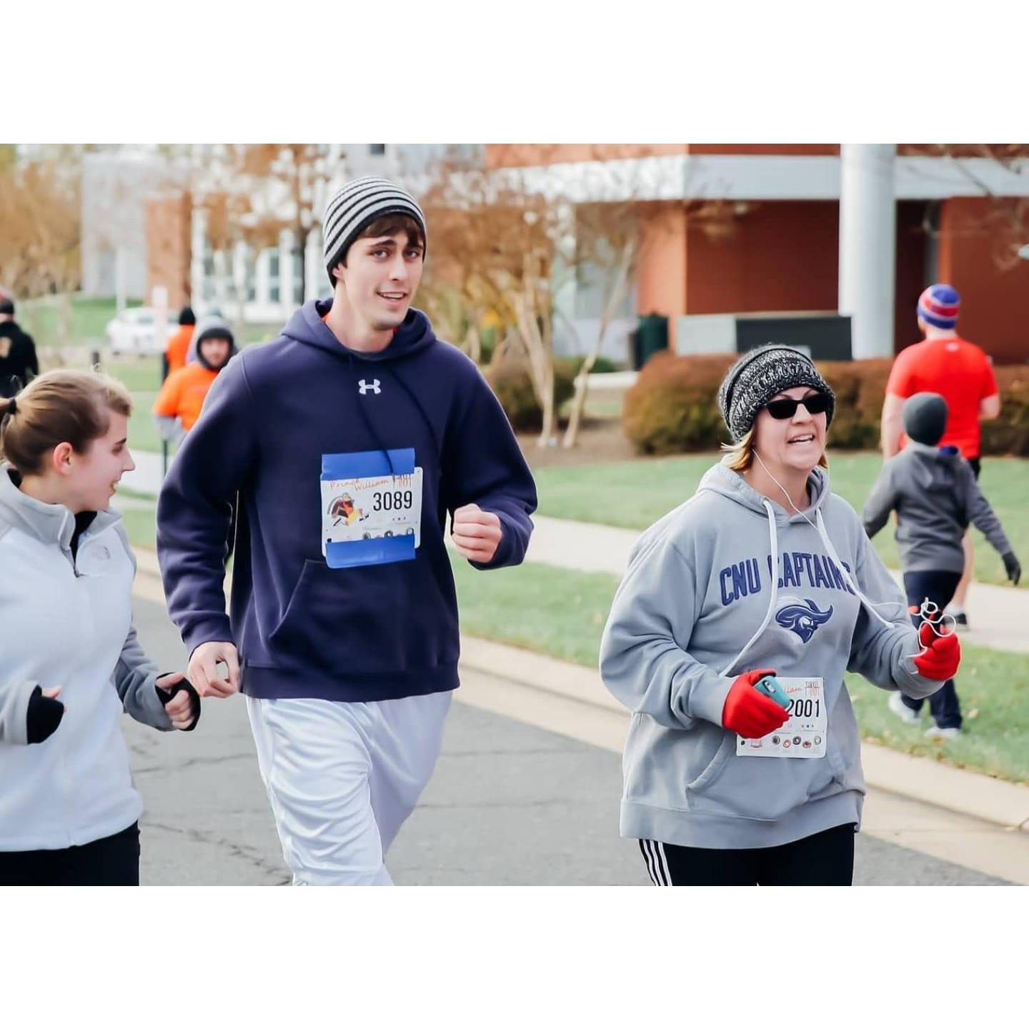 Running the Turkey Trot with Mrs. Sowalla... she might have beaten us.
