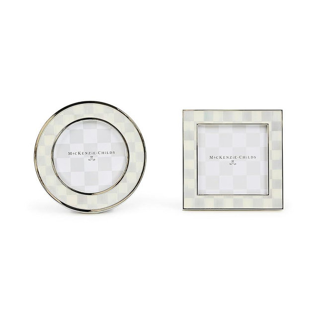 MACKENZIE-CHILDS Set of 2 Silver-Plated Frames, Cute Tabletop Decor, Gray-and-White Sterling Check