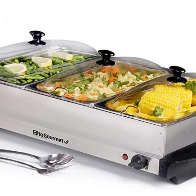 Elite Gourmet Elite Platinum EWM-6171# Maxi-Matic 7.5 Quart Triple Buffet Server Food Warmer Temperature Control, Clear Slotted Lids, Perfect for Parties, Entertaining & Holidays, Stainless Steel
