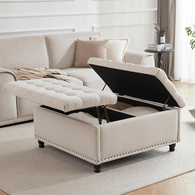 Tbfit 35.5“ Large Square Storage Ottoman Bench, Tufted Upholstered Coffee Table Ottoman with Storage, Oversized Storage Ottomans Toy Box for Living Room，Beige