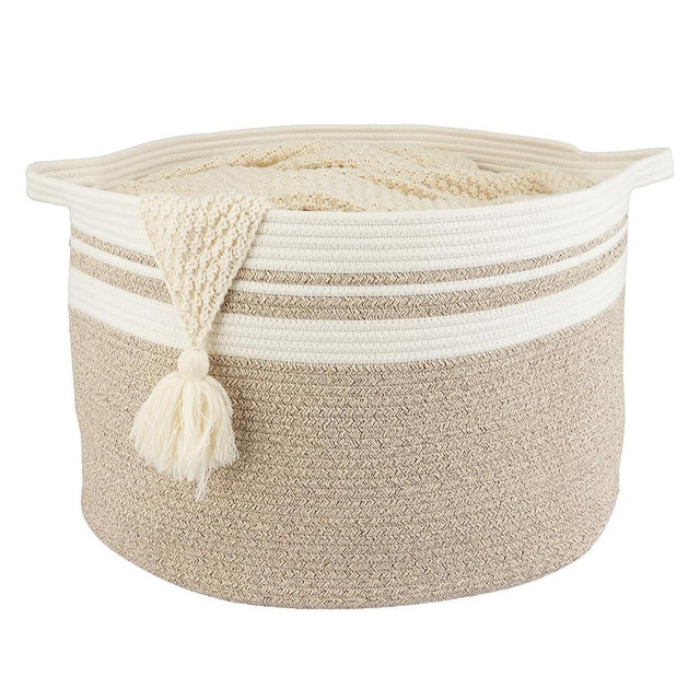XUANGUO Large Cotton Rope Basket Blankets Basket Living Room 22"x14" Toy Baskets for Kids Rope Storage Basket for Nursery Woven Laundry Baskets for Clothes Towels Baby Toy Storage round white brown